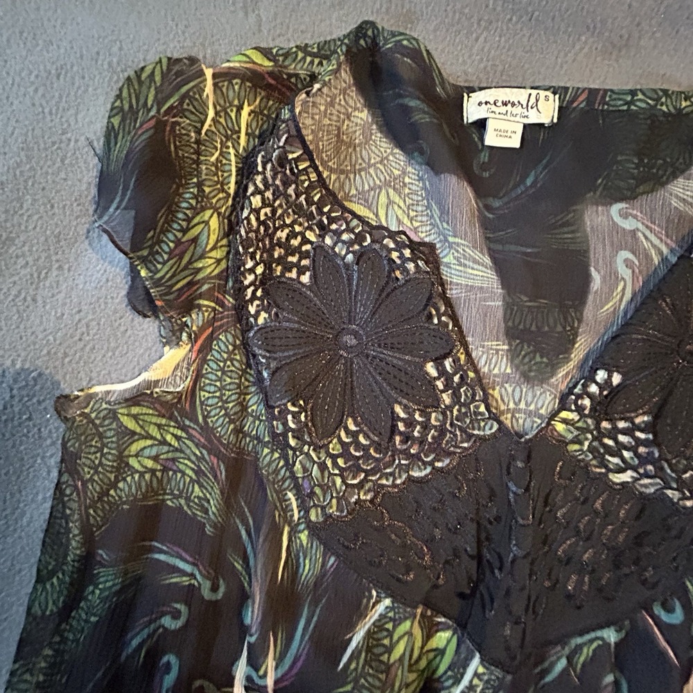 One World Boho Shirt Top Hippie Lace Peacock Green Blouse Embellished Top Size S - Picture 2 of 10